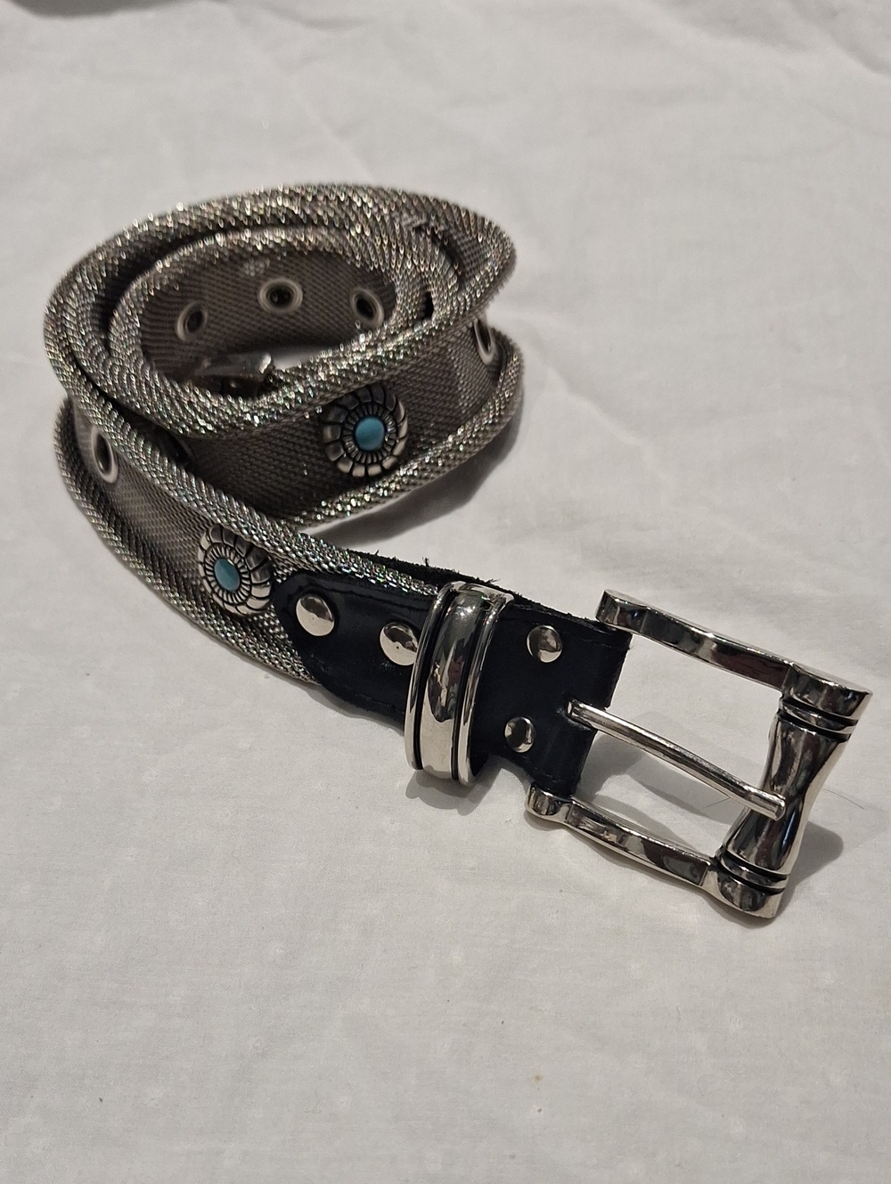 Donna Katz Women's Silver Metallic Studded Belt with Turquoise Accents